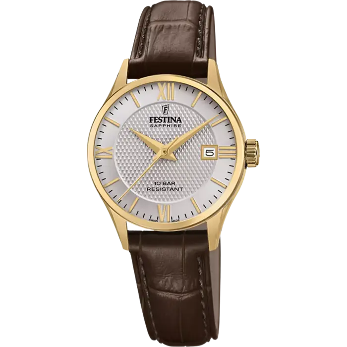 Γυναικείο Ρολόι Festina Swiss Made Sapphire με Καφέ Δερμάτινο Λουράκι – F20011/2