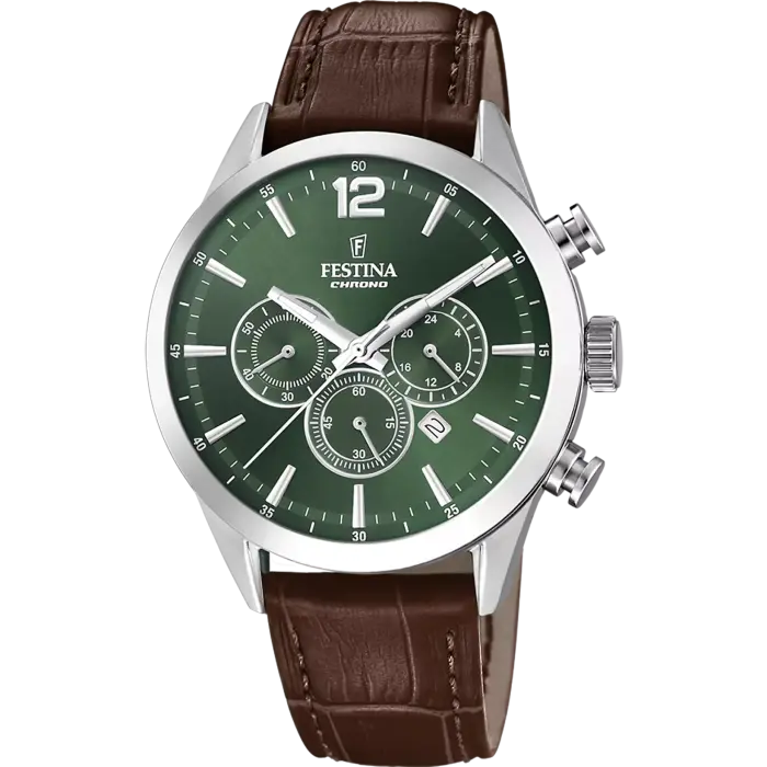 Ανδρικό Ρολόι Festina Chronograph με Καφέ Δερμάτινο Λουράκι και Πράσινο Καντράν – F20542/8