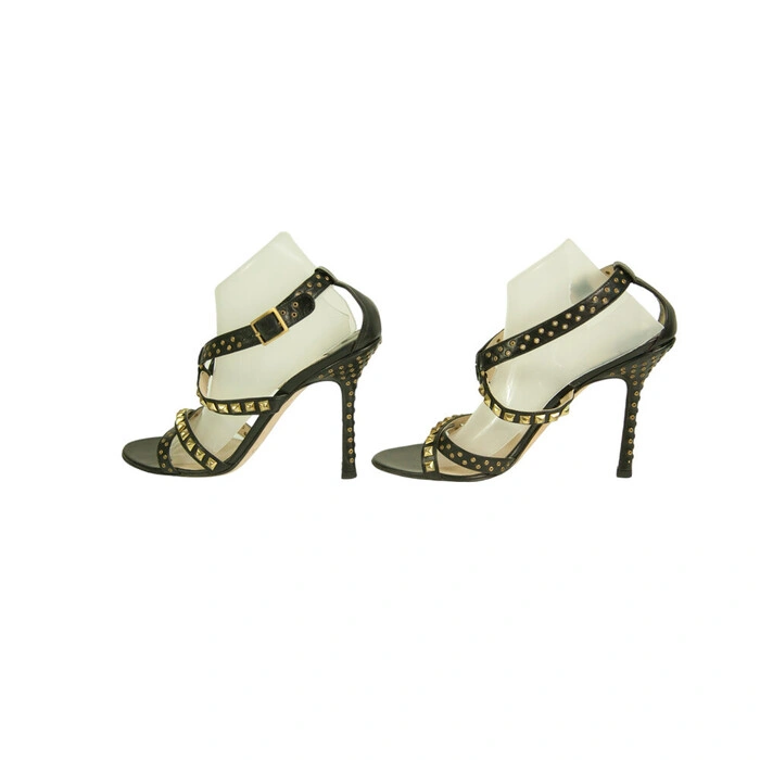 Jimmy Choo Inga Black Leather Studs Grommets Strappy Sandals Heels
