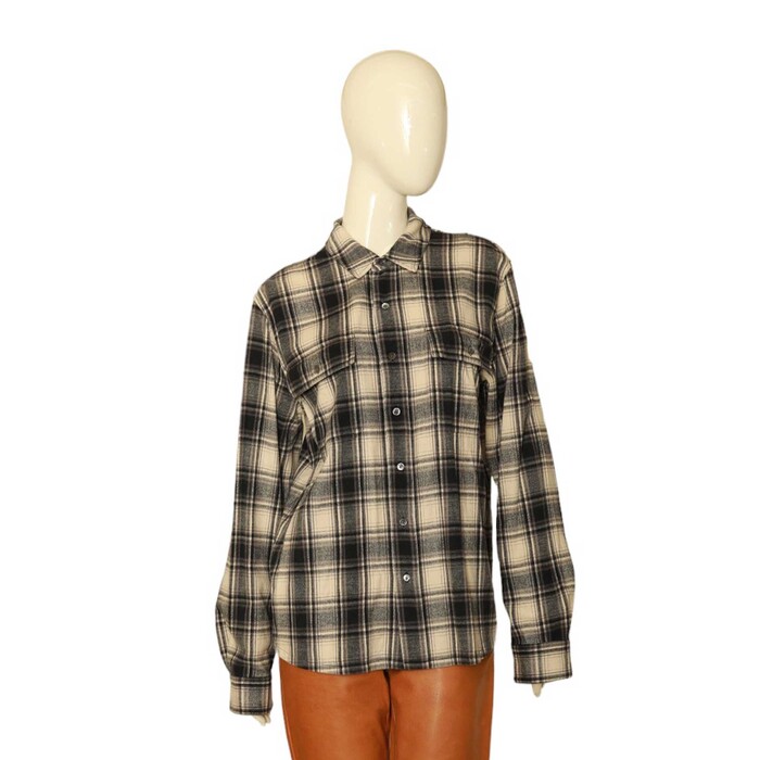 James Perse Cream Black Check Cotton Button Down Flannel Shirt Top size 1