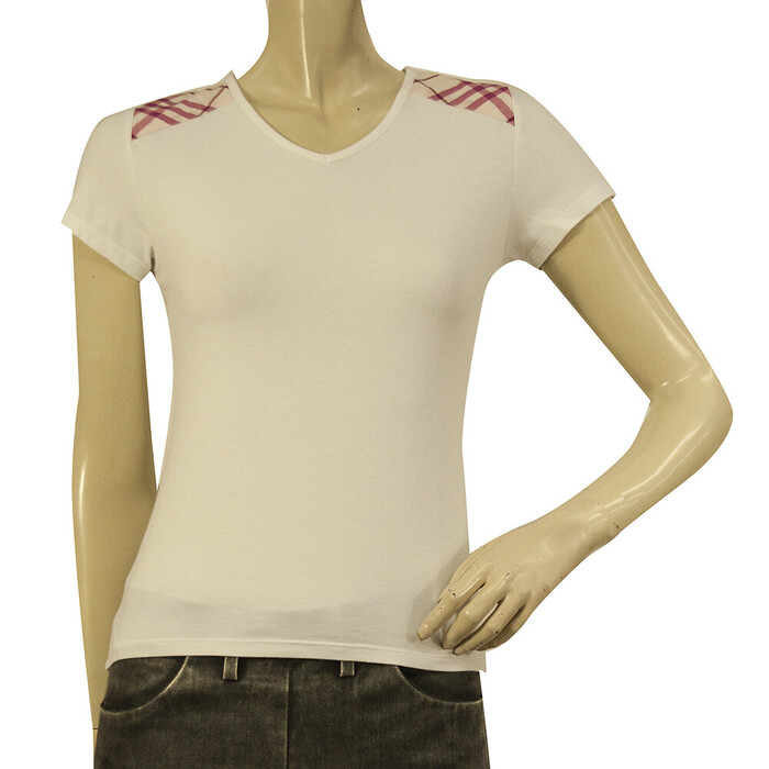 Burberry White Pink Check Shoulder Fitted T- Shirt Top 14 yrs girl or Women XS