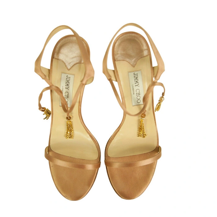Jimmy Choo Champagne Gold Satin Tie Ankle Tassel Sandals Slim