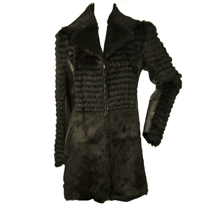 Thes & Thes Black Fur & Leather Long Sleeve Zipper Front Jacket Coat