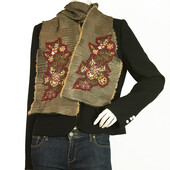 Embroidered Flowers Sequins Taupe Ruched Long Scarf Wrap Cache Col