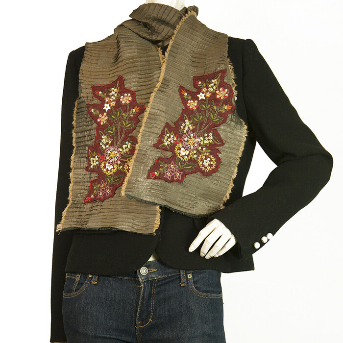 Embroidered Flowers Sequins Taupe Ruched Long Scarf Wrap Cache Col