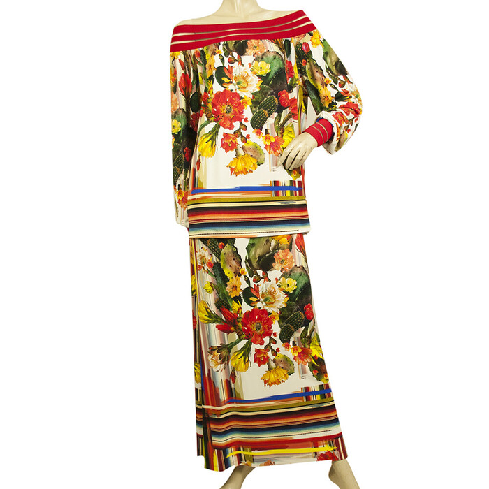 Fuzzi Multicolor Cactus Flowers Off Shoulder Top Long Maxi Skirt Set size S