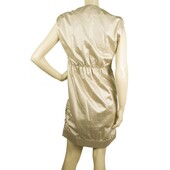 Haute Shiny Cotton V Neckline Ruched Mini Length Beige Dress - Size 42