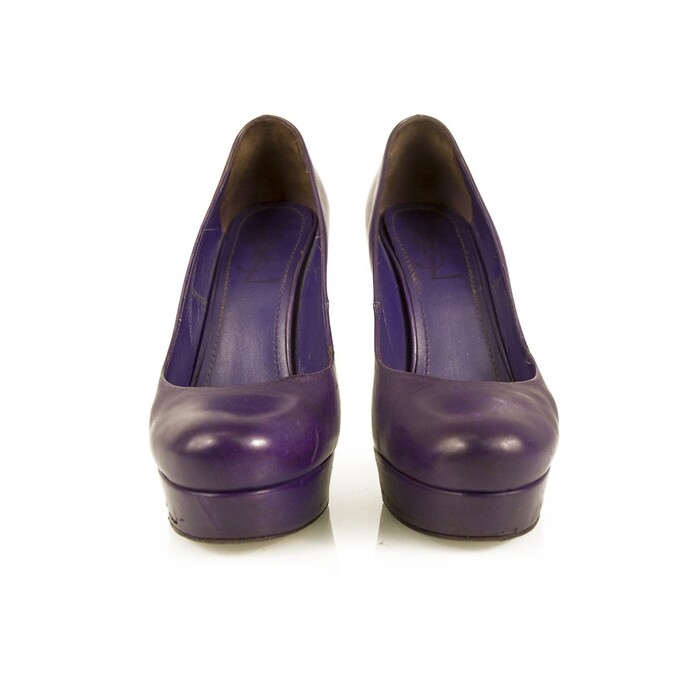 Yves Saint Laurent YSL Tribute Purple Leather Round toe Platform Heels Pumps 37