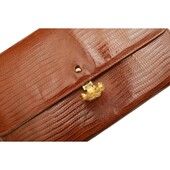 Gianfranco Ferre Brown Lizard Leather Flap Top Clutch Bag Goldtone Lion Paw