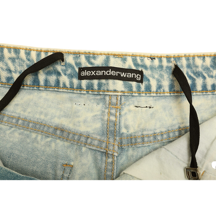 Alexander Wang Blue Denim Jeans Crystal Logo Strap Raw Cut Shorts size L