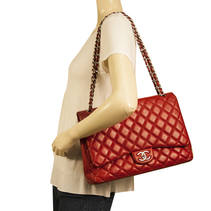 CHANEL Red Caviar Leather Classic Double Flap Maxi Bag Silver hardware