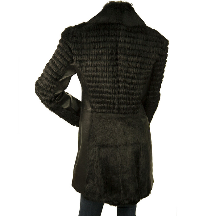 Thes & Thes Black Fur & Leather Long Sleeve Zipper Front Jacket Coat