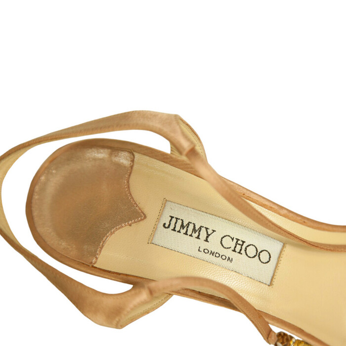 Jimmy Choo Champagne Gold Satin Tie Ankle Tassel Sandals Slim Heel Shoes 39.5