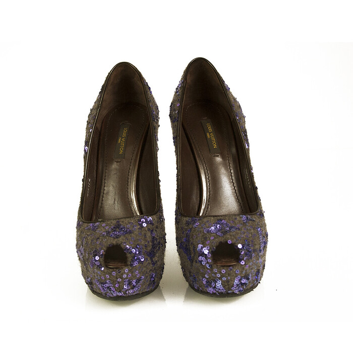 Louis Vuitton Oh Really Purple Sequins Glitter Lock Platform Peep Toe Pumps 37