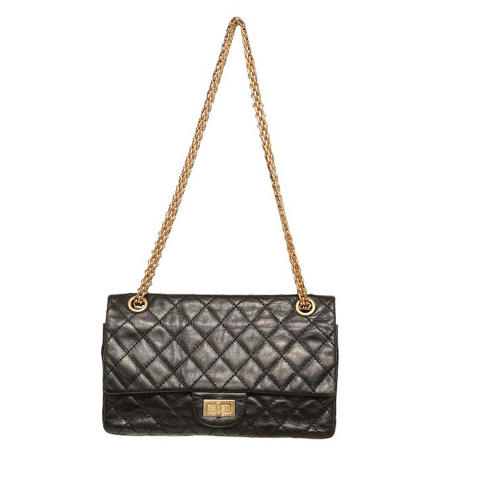 Chanel 2.55 Reissue 225 Double Flap Bag in Black with gold tone hardware small