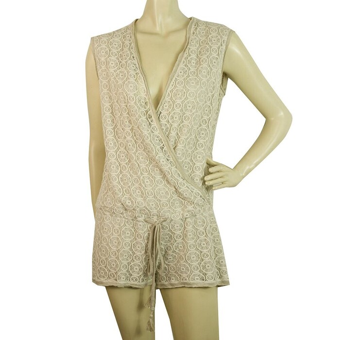 Raggiani Beige and Cream Tie Front V Neckline Playsuit Summer Romper Sz S