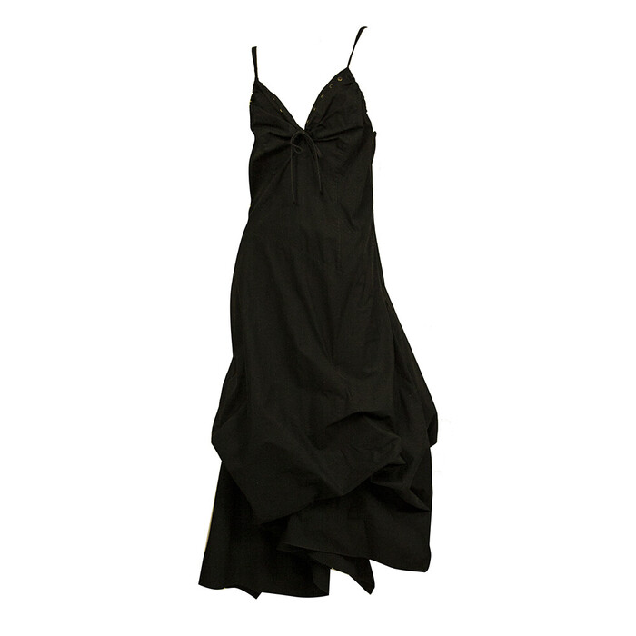 Black Cotton Spaghetti Straps Asymmetric Balloon Midi Dress w. Rivets size S