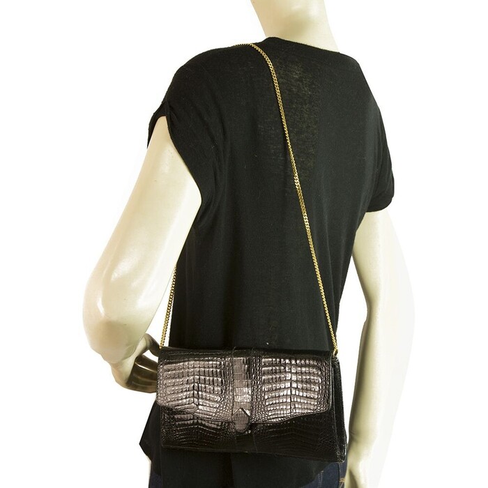 Vintage Black Croco Gold Tone Chain Flap Top Clutch Shoulder Evening Bag Handbag