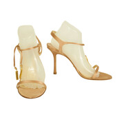 Jimmy Choo Champagne Gold Satin Tie Ankle Tassel Sandals Slim Heel Shoes 39.5