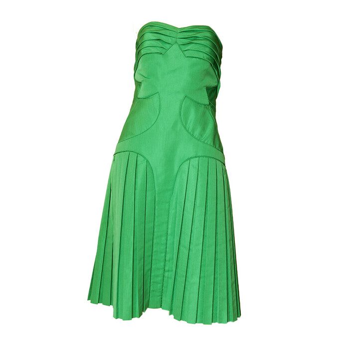 Zac Posen Grass Green Strapless Silk bustier Pleated Skirt midi dress size 8