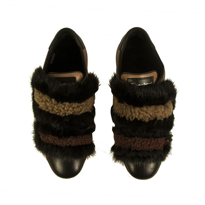 Santoni Black Brown Fur Leather Low Top Sneakers Trainers Shoes size 37