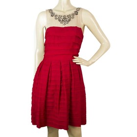 BCBG MaxAzria Red Ruffled Beaded Neckline Mini Length Dress size S