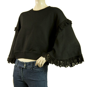 MSGM Black Long Wide Sleeves w. Lace Cotton Crop Top Sweater size S