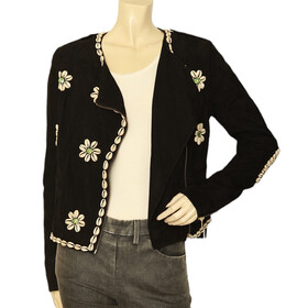 Manoush black suede off center zip jacket embroided with shells crystals size 36