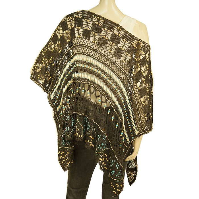 Laurel Brown Cotton Knit Beaded Poncho Cape Cover Up Cardigan size 40