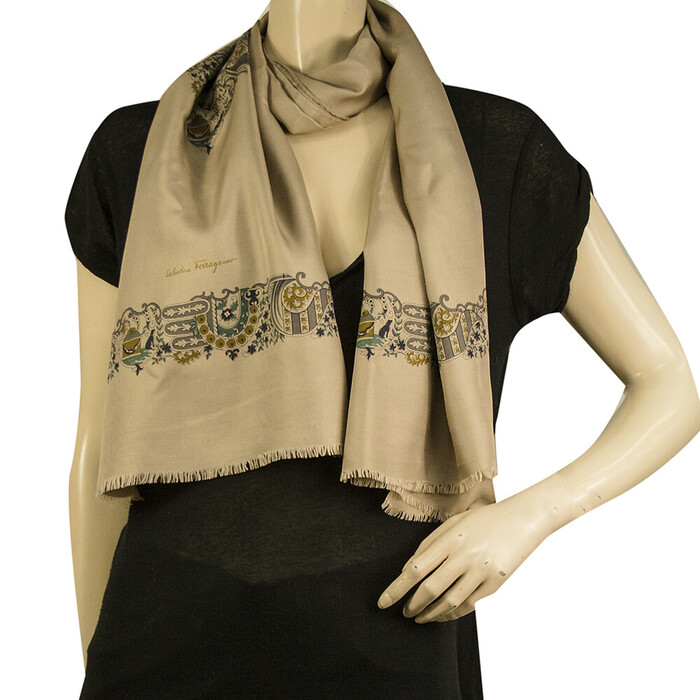 Salvatore Ferragamo Beige Paisley Floral Long Silk Scarf Foulard Shawl