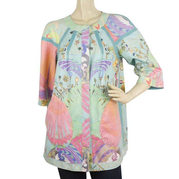 Cavalli Class Turqoise Floral Two Sided Double Face Jacket Long Cardigan sz 40