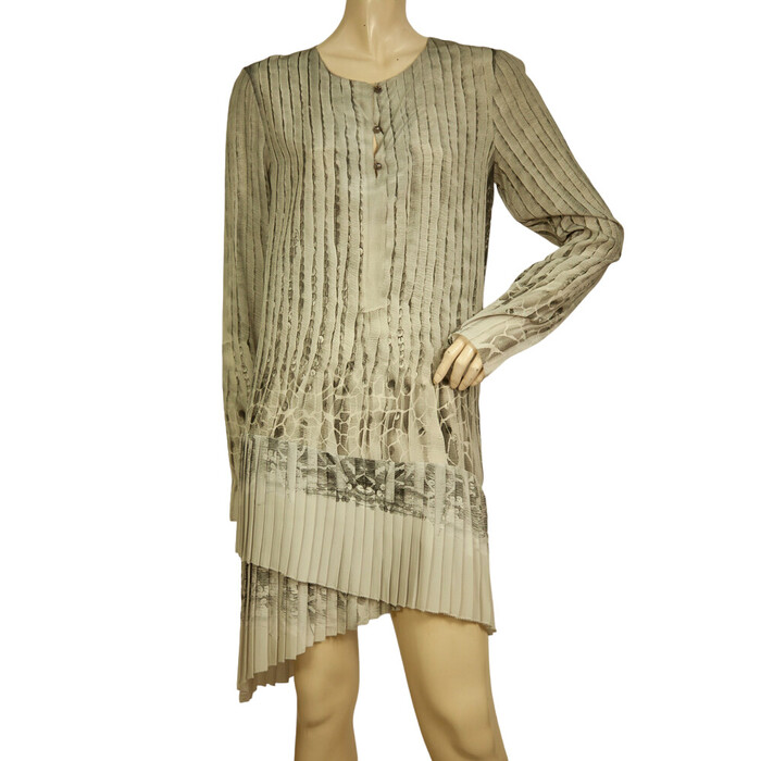 Roberto Cavalli Gray Printed 100% Silk Mini Short Dress Asymmetric longsleeve 42