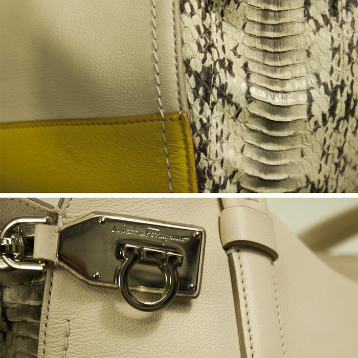 Salvatore Ferragamo cream & yellow leather plus snakeskin tote shopper bag
