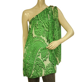 Milly 100% Silk Green Paisley Floral One Shoulder Long Blouse Top Size 4