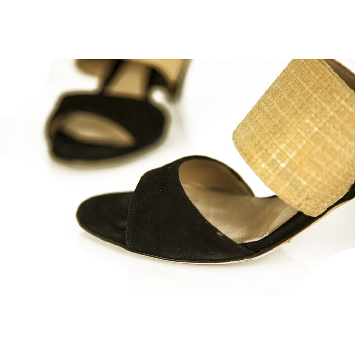 Fendi Black Suede Beige Raffia Open Toe Sandals Shoes Slingback Heels size 39