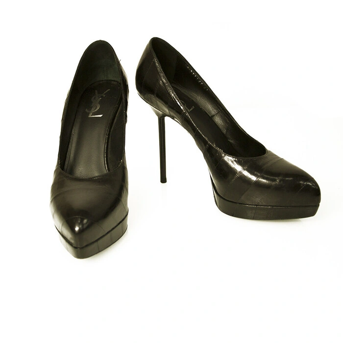 Yves Saint Laurent YSL Black Watersnake Leather Platform Heels