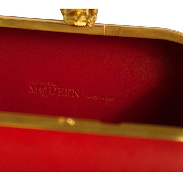 Alexander McQueen Red Leather Crystal Studded Gold Stabbed Skull Clasp Clutch