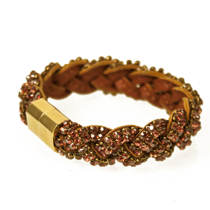 Swarovski Orange Red Crystals  Brown Leather Braided Bracelet