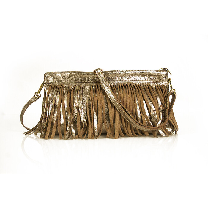 Genuine Bronze Metallic Leather Boho Hippie Shoulder Bag with Fringes Handbag