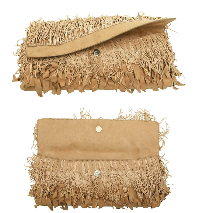 Roberto Cavalli Beige Suede Leather Fringes Flap Top Evening Clutch bag Handbag