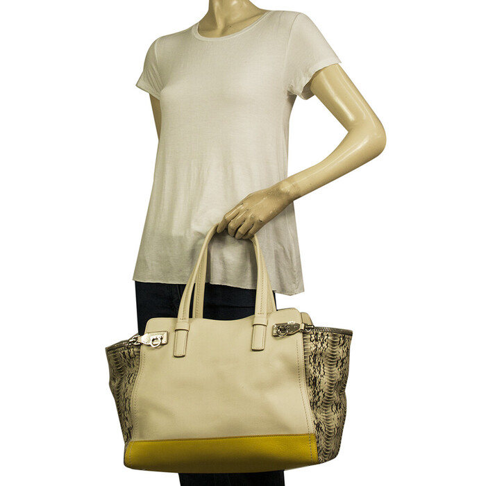Salvatore Ferragamo cream & yellow leather plus snakeskin tote shopper bag