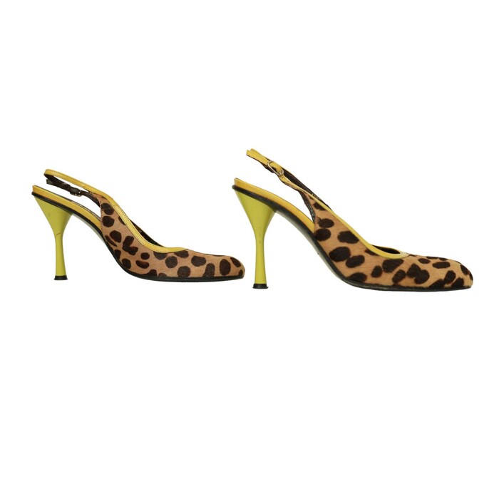 Dolce & Gabbana D&G Leopard Calf Hair Yellow Trim Heels Slingback Mules Shoes 38