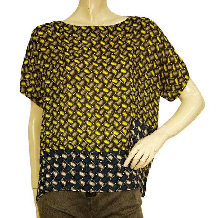 Kenzo Geometric Yellow Gray Blue Short Sleeves Blouse Top w. Pocket size 38