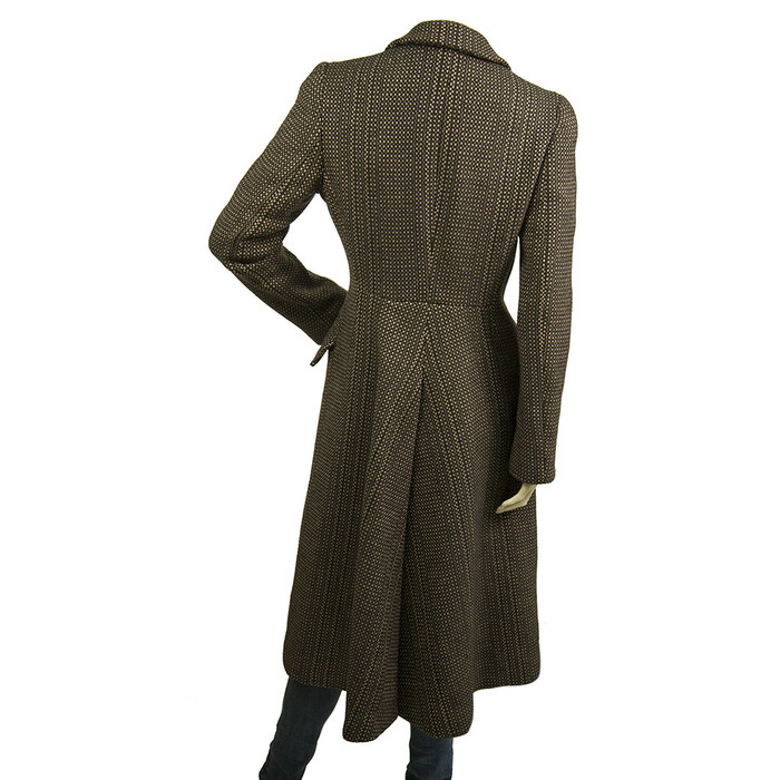 Prada Brown, Beige & Black Tweed Virgin Wool below the knee Coat with bow sz 42