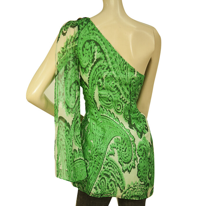 Milly 100% Silk Green Paisley Floral One Shoulder Long Blouse Top Size 4