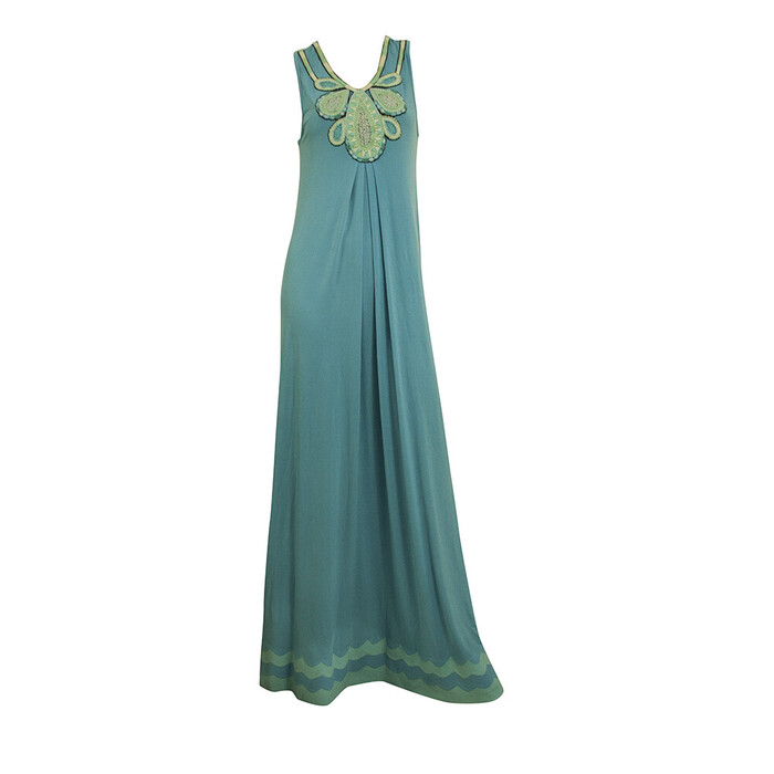 Ranna Gill Blue Turquoise Embroidered Bib Sleeveless Maxi Long Dress size S