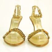 Roberto Cavalli gold & tan leather chain sandals slides ankle strap sz 37