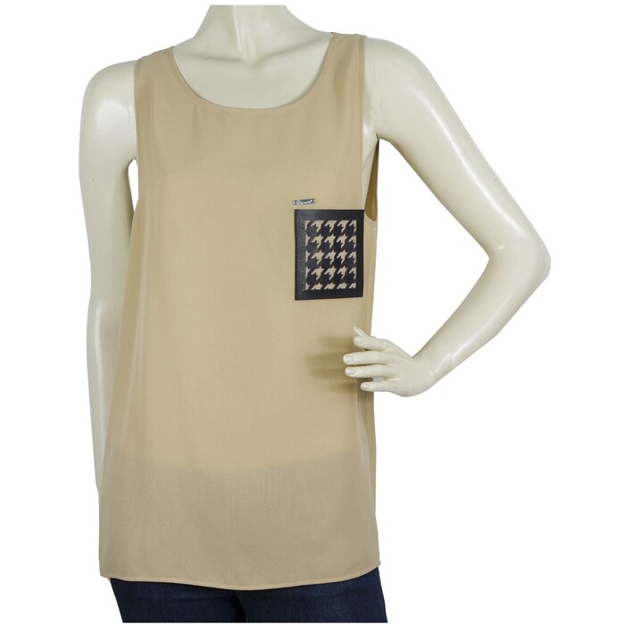 DSquared 2 D2 Beige Silk Black Leather Pied de Poole Sleeveless Tank Top sz 42