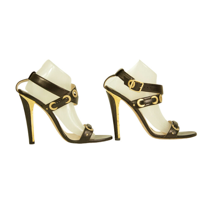 Jimmy Choo Black Leather Gold Grommets Strappy Sandals Heels shoes size 40
