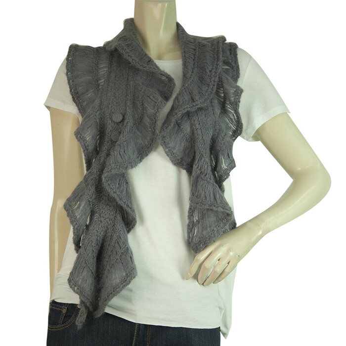 Gray Wool Knit Long Scarf Wrap Cache Col with Buttons